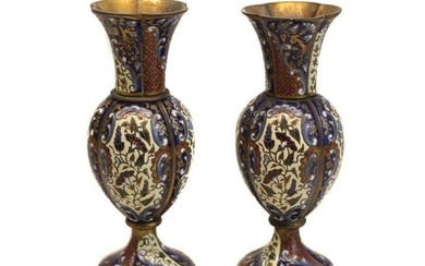 Pair of French Gilt Bronze Champleve Shaded Enamel Vases 19th century