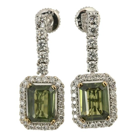 Pair of Green Sapphire, Diamond, 14k Gold Earrings.