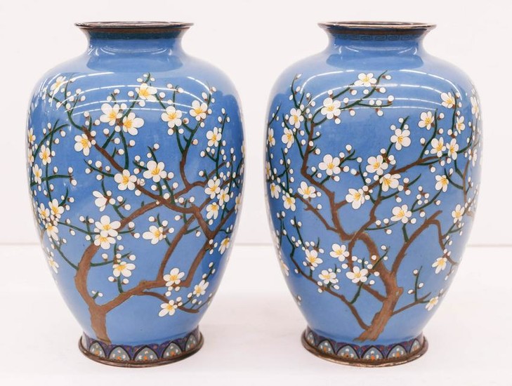Pair of Japanese Silver Cherry Blossom Cloisonne Vases