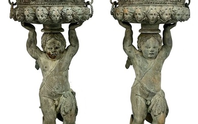 Pair of Large Bronze Cherub Planters, Tureens, Roman, Greek Neoclassical