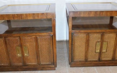 Pair of Mid Century Modern Walnut & Cane Glass Top End Tables
