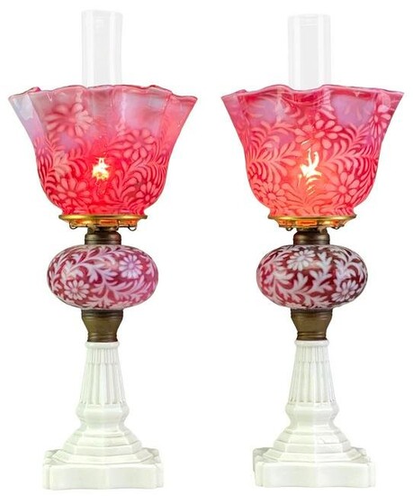 Pair of Northwood Lamp Co. Cranberry & Milk Glass