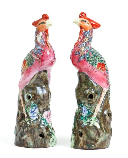 Pair of Porcelain Painted Cockatoos