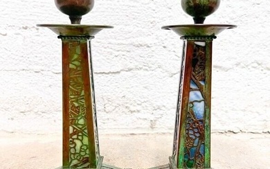 Pair of Riviere Studios Grapevine Slag Glass Bronze Candlesticks c1920