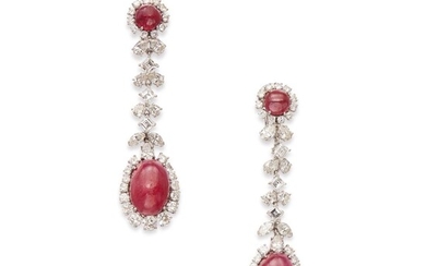 Pair of Ruby and Diamond Pendant-Earclips, David Webb