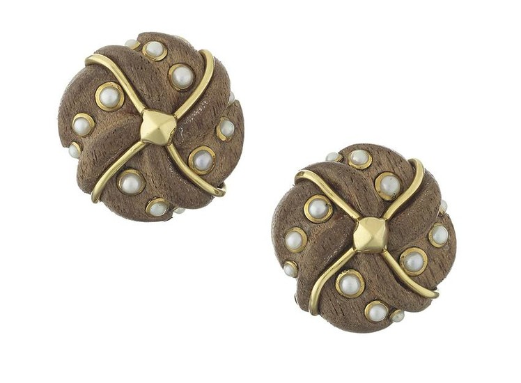 Pair of Trianon Hardwood and Mabe Pearl Ear Clips