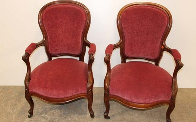 Pair of antique Victorian walnut parlor arm chairs
