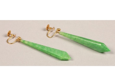Pair of ladies 9ct gold mounted jade drop earrings, 6cm long...