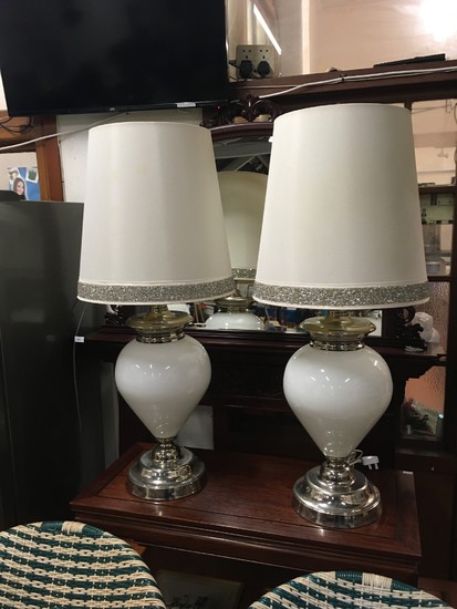 Pair of large modern, white glass and chrome table lamps (4...