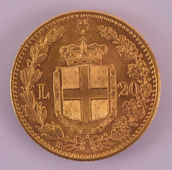 Pièce de monnaie en or 20 Lires Umberto Ier Re...