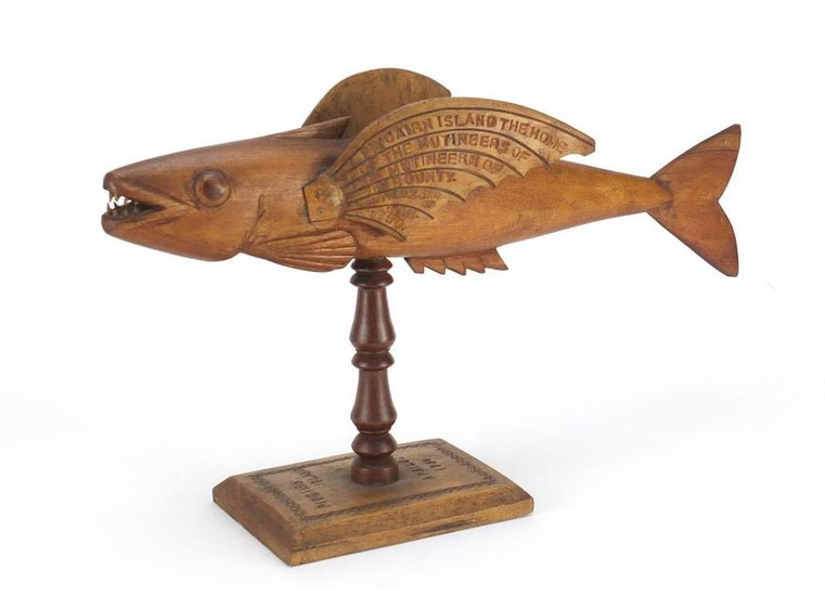 Pitcairn Island carved wood flying fish, dated 1954
