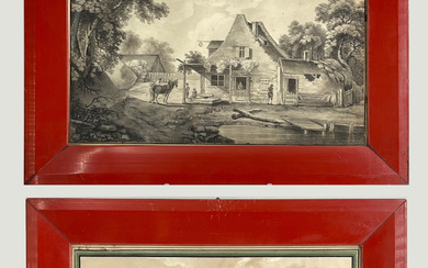 Pittore del secolo XIX, due paesaggi con figure, gouache in monocromia su carta (cm max 21x29) Una firmata in basso…