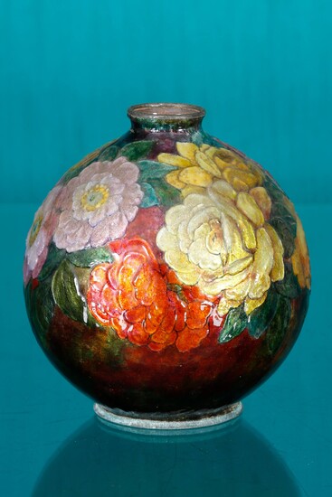 Polychrome enamel vase with floral decoration signed "C. Fauré Limoges"...
