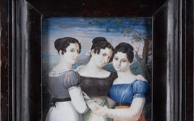 Portrait miniature of three young girls, Italy -possibly Milan- first half of the 19th century...