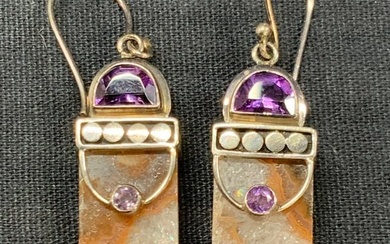 Pr Sterling Silver & Quartz Stone Cluster Earrings