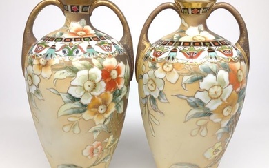 Pr of Nippon Floral Amphora Vases