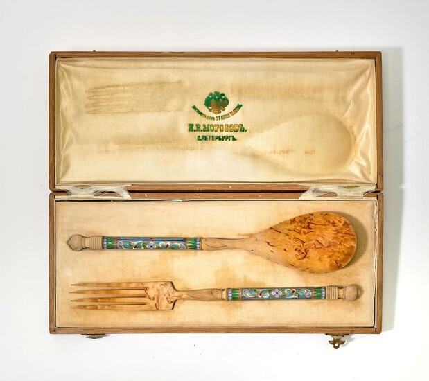 Presentation Silver-Gilt with Polychrome Cloisonné Enamel and Karelian birch flatware set comprising a spoon and fork in an old case of the company of I. E. Morozov, the supplier of the Imperial court Russia, late XIX-early XX centuries.