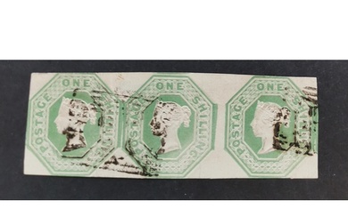 QV. 1847 1/- pale green fine used strip of 3. (1 item)