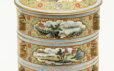 RARE CHINESE QUADRUPLE PORCELAIN BOWL WITH LID REPRESENTING POEMS WITH...