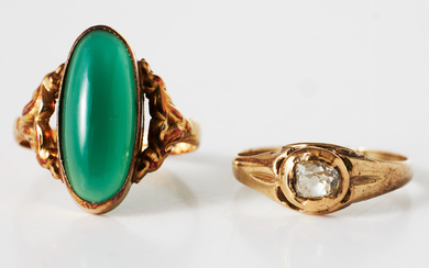 RING, low grade gold, old cut diamond, 19th century, RING, 14k gold, cabochon-cut green stone.