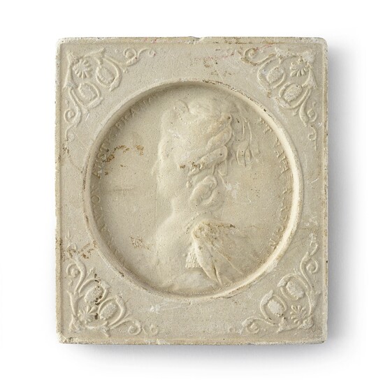 ROYAL FAMILY OF FRANCE.Set of five plaster medallions surmounted by a suspension ring, square in shape, decorated with the profiles of Queen Marie-Antoinette, the Duke and Duchess of Angouleme and the Duke and Duchess of Berry.Small accidents and...