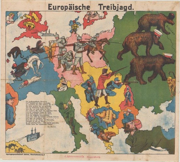 Rare German Propaganda Map at Start of World War I, "Europaische Treibjagd"