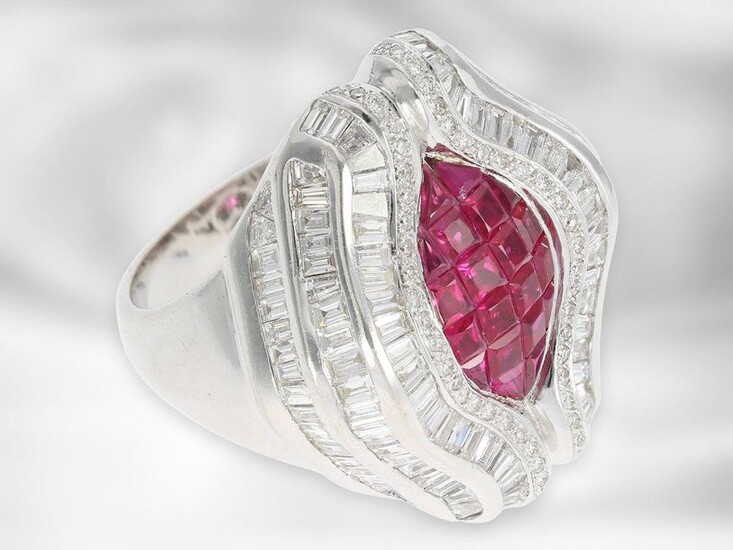 Ring: extravagant luxury diamond/ruby ring, total approx. 5.49ct, 18K white gold, sophisticated goldsmith work