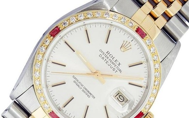 Rolex Mens Two Tone Silver Index And Diamond Ruby Datejust 36MM