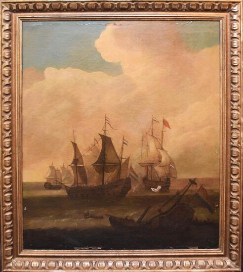 Romantic Era English Marine Oil Painting After Robert Cleveley, Ships at Sea, Battle