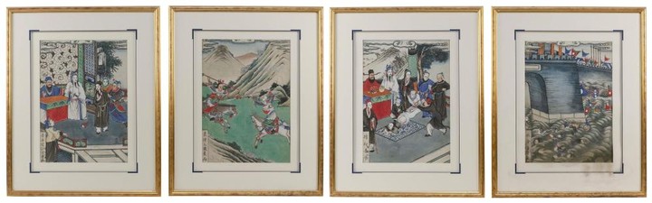 SET OF FOUR CHINESE PAINTINGS ON SILK Depicting a judgment scene, warriors on horseback, a punishment scene, and figures caught in a...
