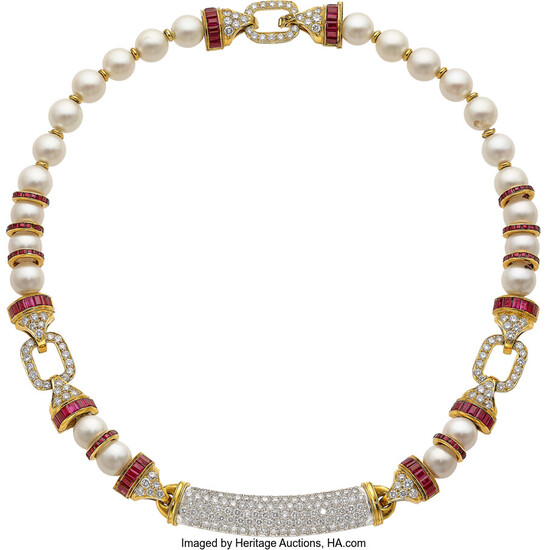 S.V. Rudle Diamond, Ruby, Cultured Pearl, Gold Necklace Stones:...