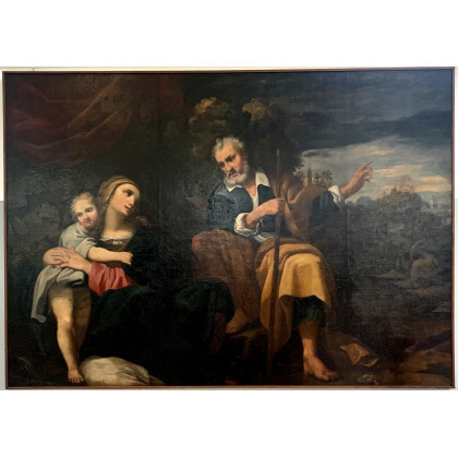 Scuola emiliana del secolo XVII "Riposo durante la fuga in Egitto" olio su tela (cm 193x 274) (difetti ed estesi...