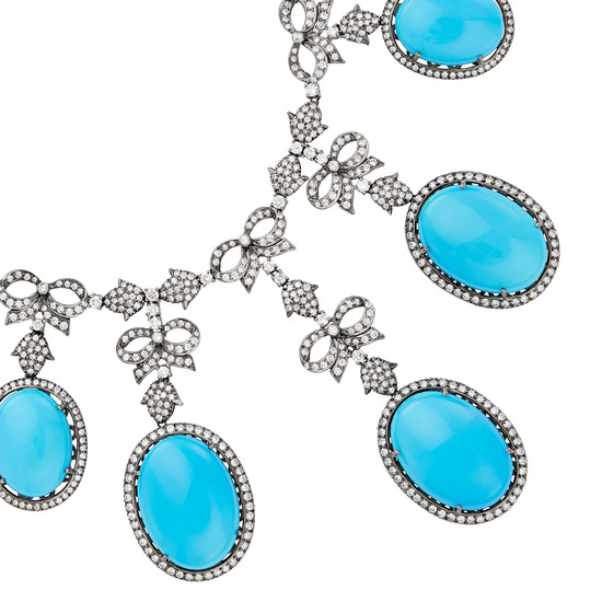 Silver, Dyed Reconstituted Turquoise and Diamond Necklace and Pair of Pendant-Earrings