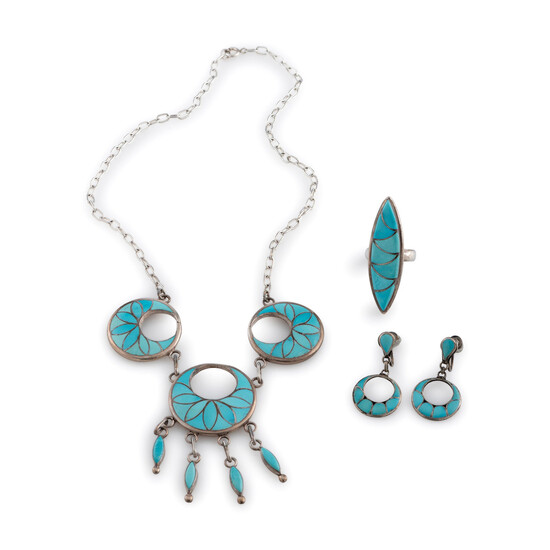 Silver and Turquoise Channel Inlay Necklace, Ring and Screwback Earrings Set