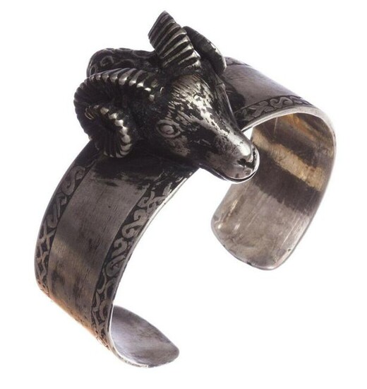 Sterling Silver Large Ram Head Cuff Bracelet with