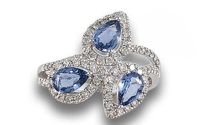 TRIO RING OF DIAMOND AND SAPPHIRE ROSETTES, IN WHITE GOLD