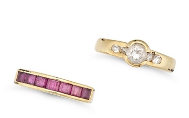 TWO GEMSET RINGS in 18ct yellow gold, comprising a ruby half eternity ring, full British hallmarks