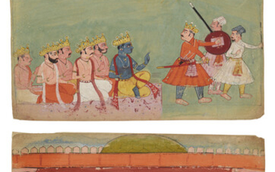 TWO ILLUSTRATIONS FROM A MAHABHARATA SERIES: KRISHNA ADMONISHING A THREATENING PRINCE AND A KING RECIEVING THREE KINGS AT COURT INDIA, PUNJAB HILLS, BILASPUR, LATE 17TH CENTURY