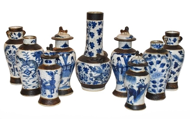 A good collection of twelve Chinese crackle glazed blue...
