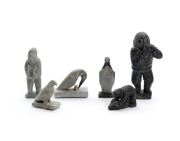 Therkild Josefsen, Pavia Thorsen a.o.: Six Greenlandic carved soapstone figures. Signed. Late 20th century. H. 5–17 cm. (6)