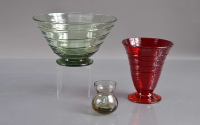 Three Whitefriars items including a 'Ribbon Trail' vase in the 'Ruby Red' colourway