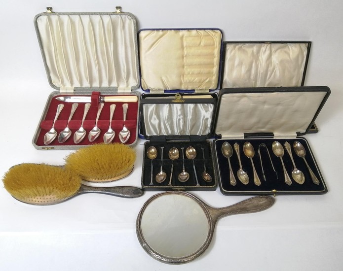 Three sets of silver coffee spoons and various silver and ot...
