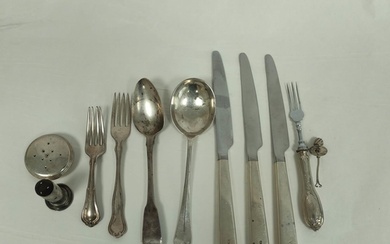 Three silver dessert forks, a dessert spoon of Irish rat tai...