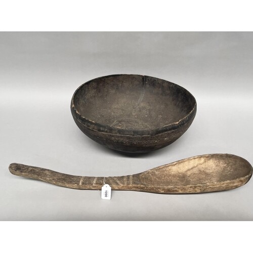 Tribal bowl and large spoon, bowl approx 18cm H x 43cm dia &...