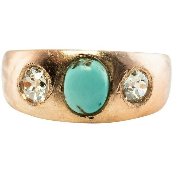 Turquoise Old Mine Diamonds Ring Imperial Russian 14K