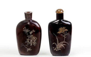 Two Chinese silver and gold inlaid lacquered wood snuff bottles Qing dynasty...