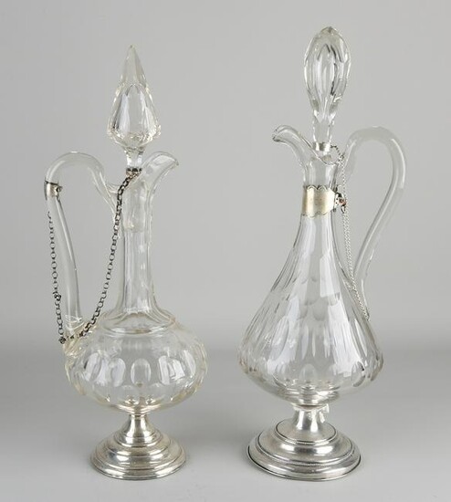 Two crystal carafes with silverware, 833/000, carafes