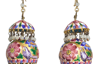 Two pairs of Qajar enamelled gold earrings Persia, 19th Century...