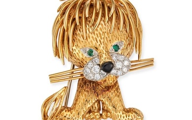 VAN CLEEF & ARPELS, A DIAMOND, EMERALD AND ONYX LION EBOURIFFE BROOCH in yellow gold and platinum...