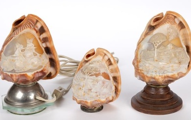 VINTAGE ITALIAN CAMEO CARVED CONCH SHELL ELECTRIC LAMPS, LOT OF THREE